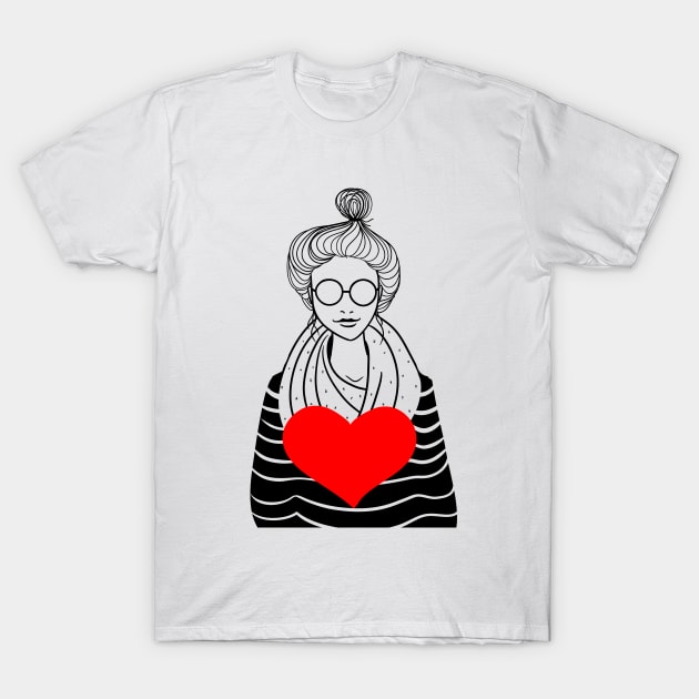 Stylish girl with scarf and big heart T-Shirt by fears